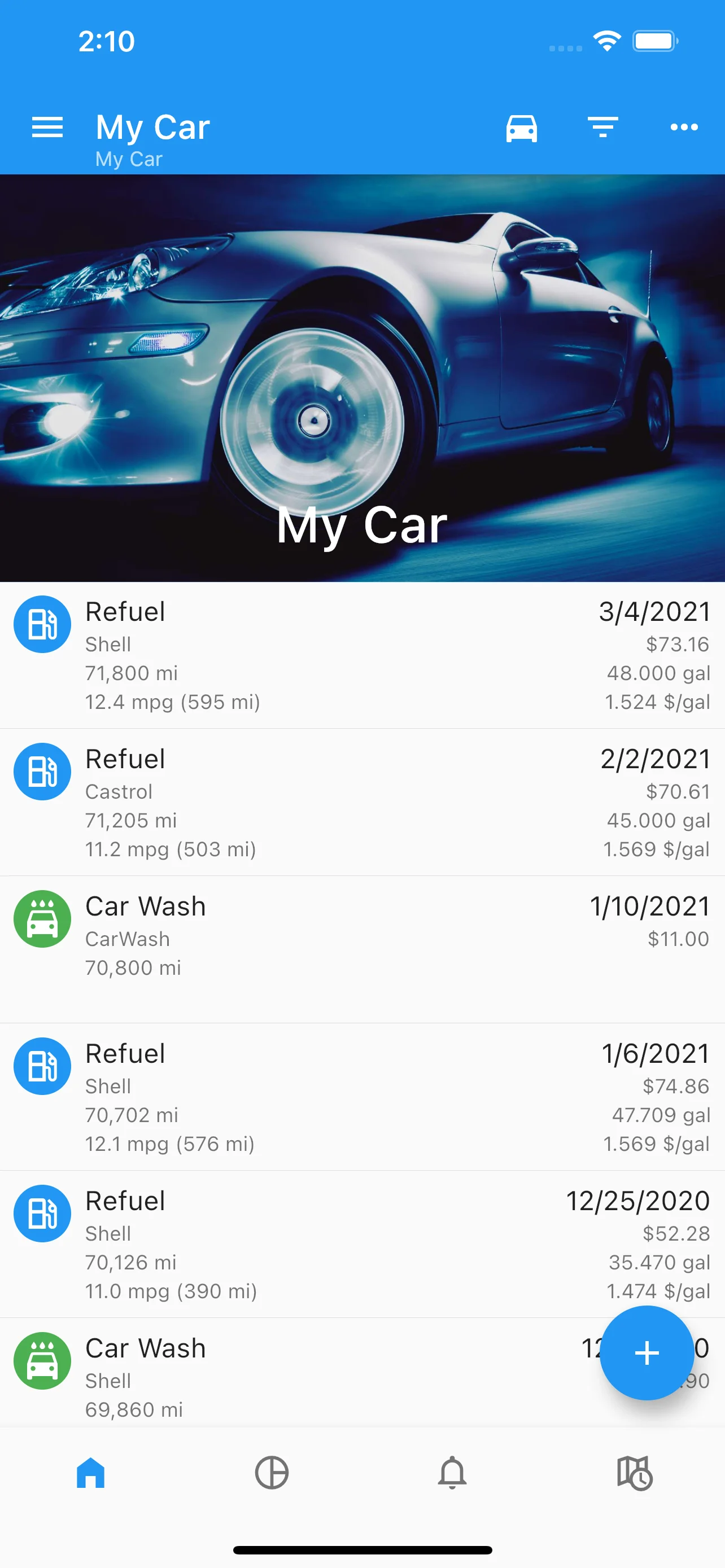 My Car app dashboard showing vehicle overview and recent activities