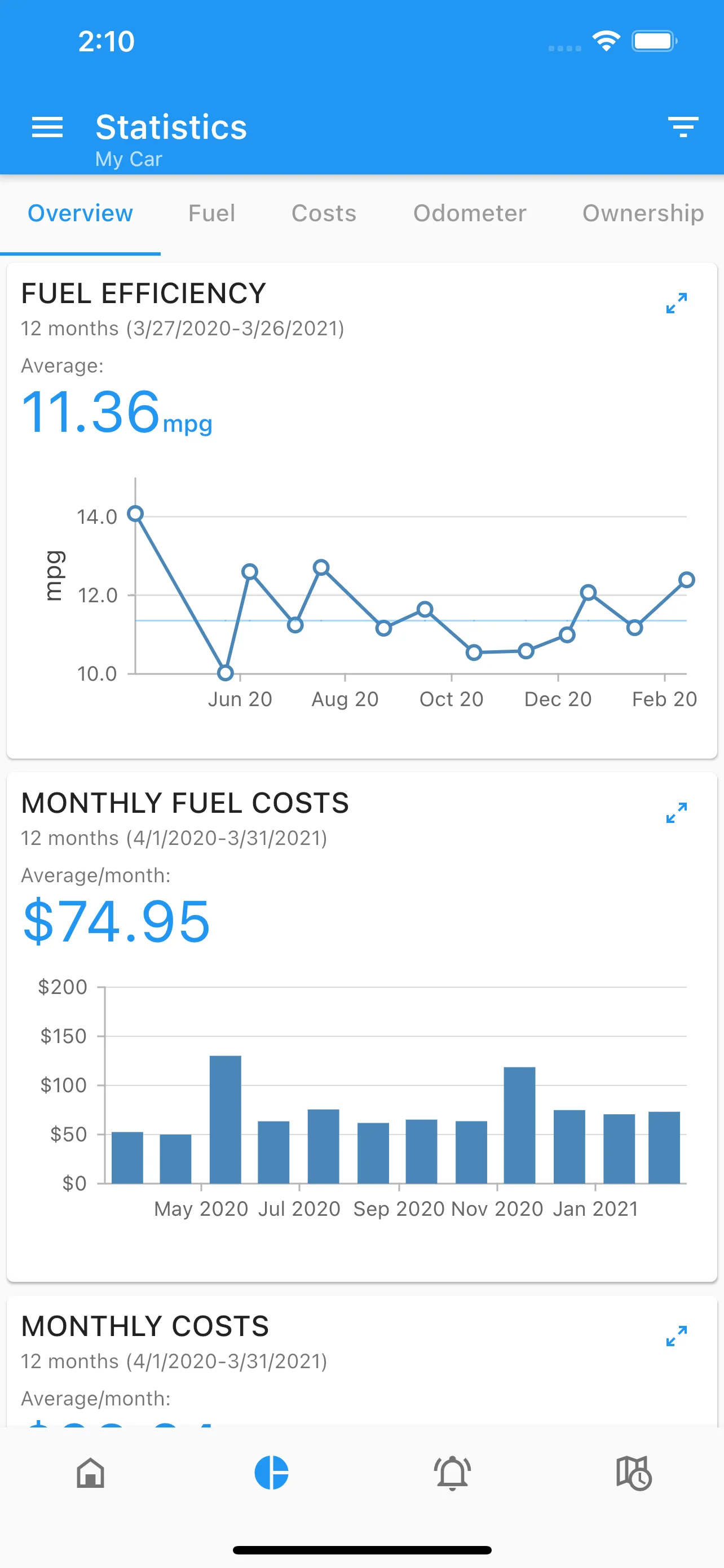Maintenance tracking screen with service history and upcoming reminders